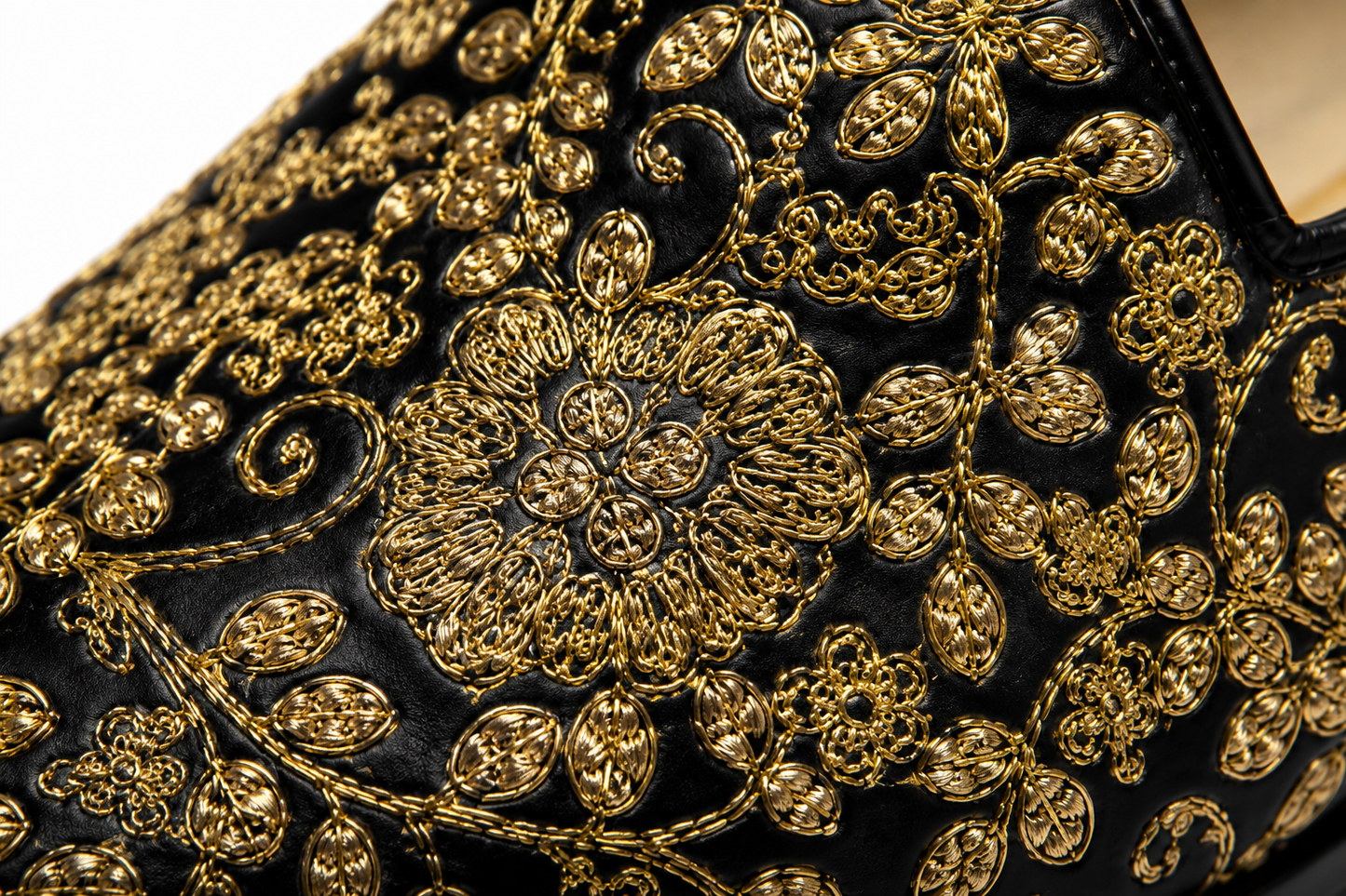 Black & Gold Floral Embroidered Loafers