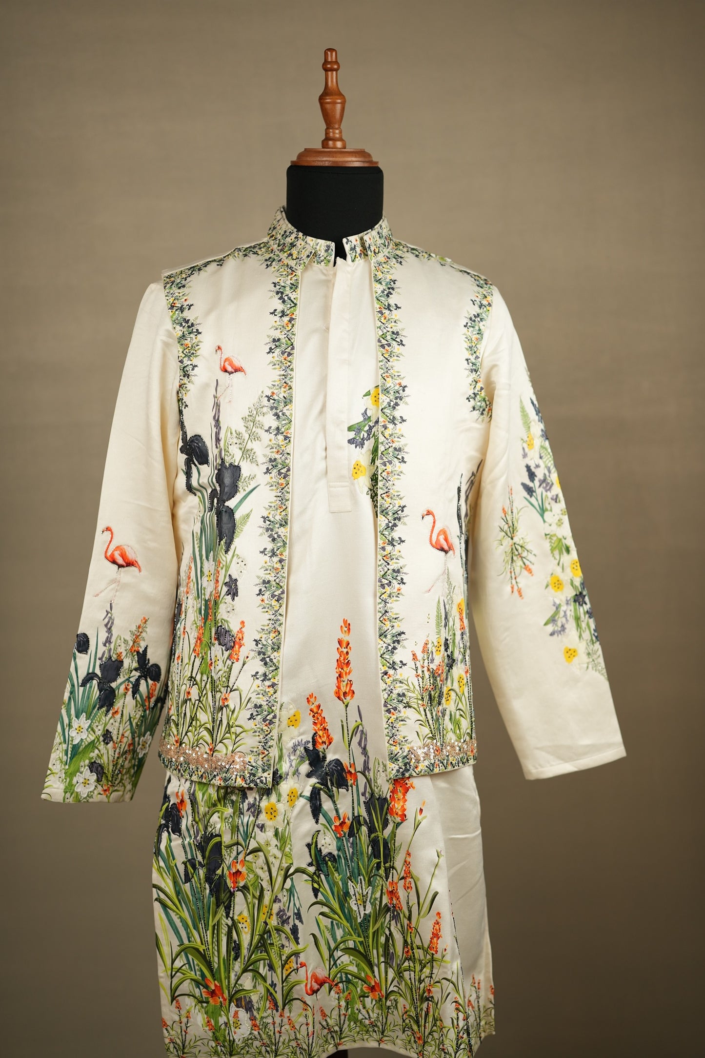 Ivory Printed Kurta with Open-Style Jacket
