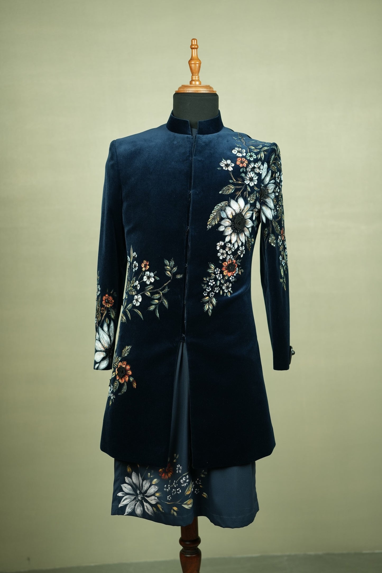 Midnight Blue Hand-Painted Indo-Western Jacket Set
