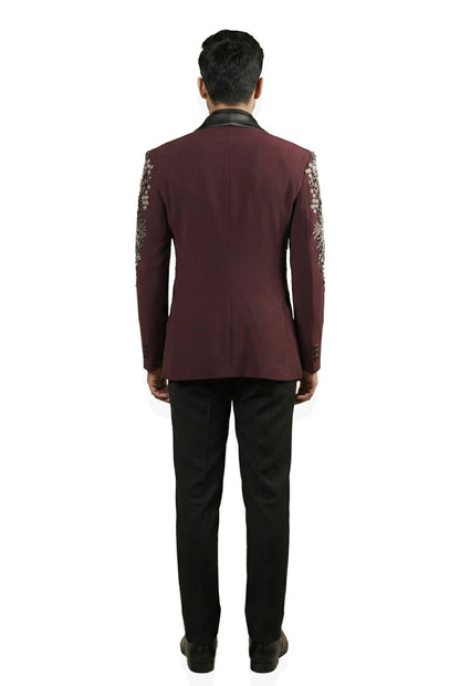 Wine Embroidered Tuxedo Set