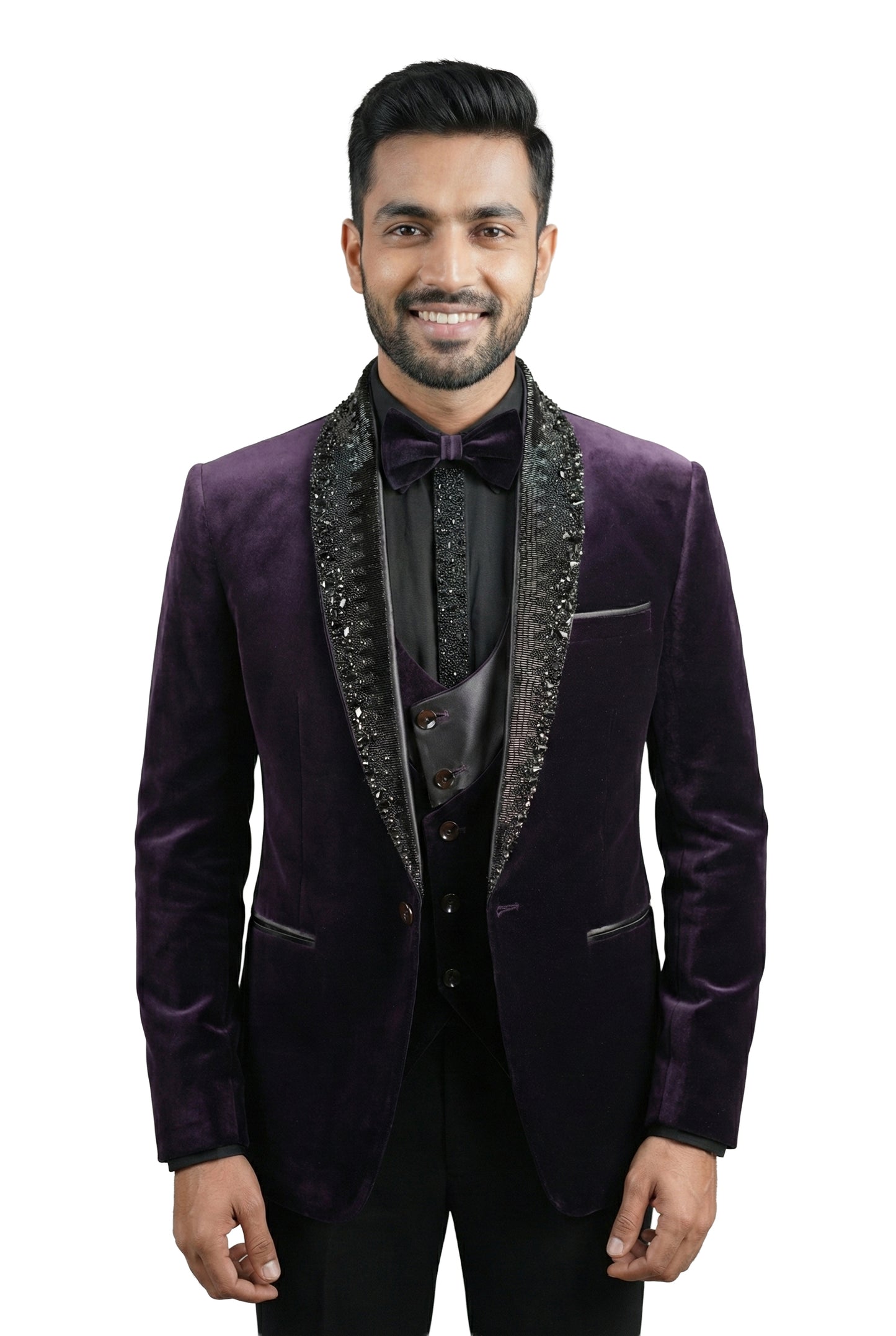 Plum Embellished Velvet Tuxedo Set