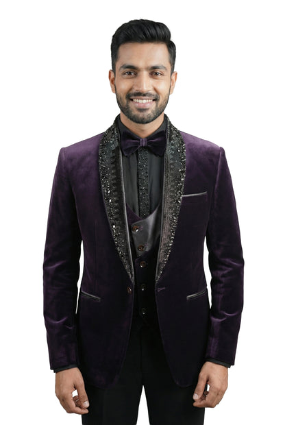 Plum Embellished Velvet Tuxedo Set
