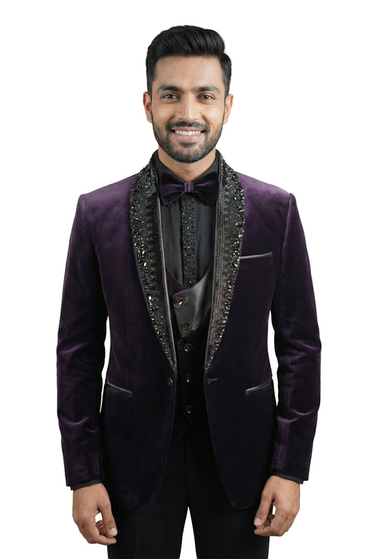 Plum Embellished Velvet Tuxedo Set