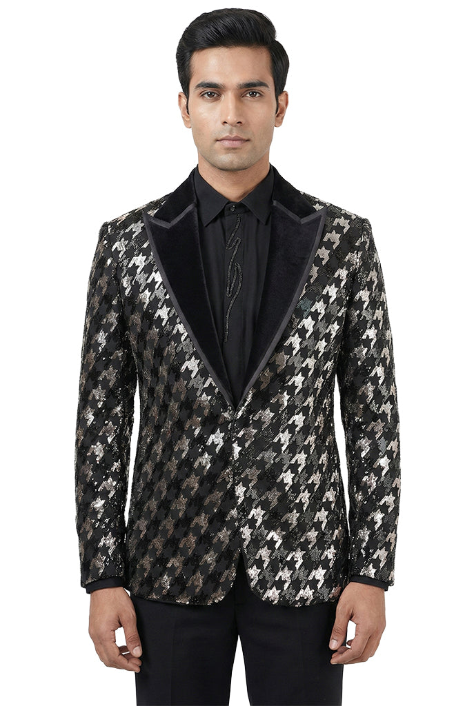Black and Silver Embroidered Tuxedo Set