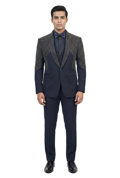 Navy Blue Embellished Tuxedo Set