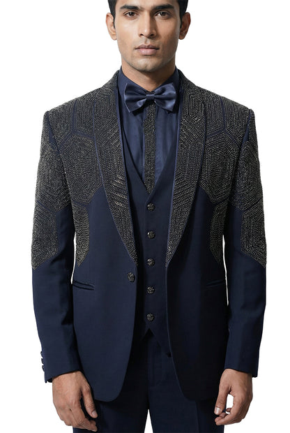 Navy Blue Embellished Tuxedo Set