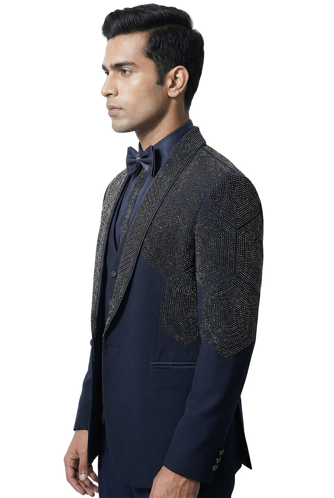 Navy Blue Embellished Tuxedo Set