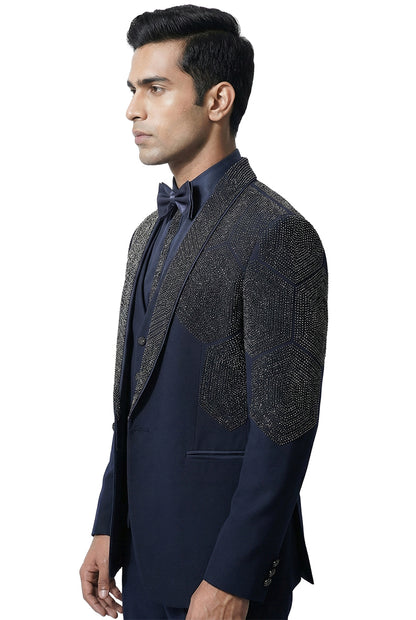 Navy Blue Embellished Tuxedo Set