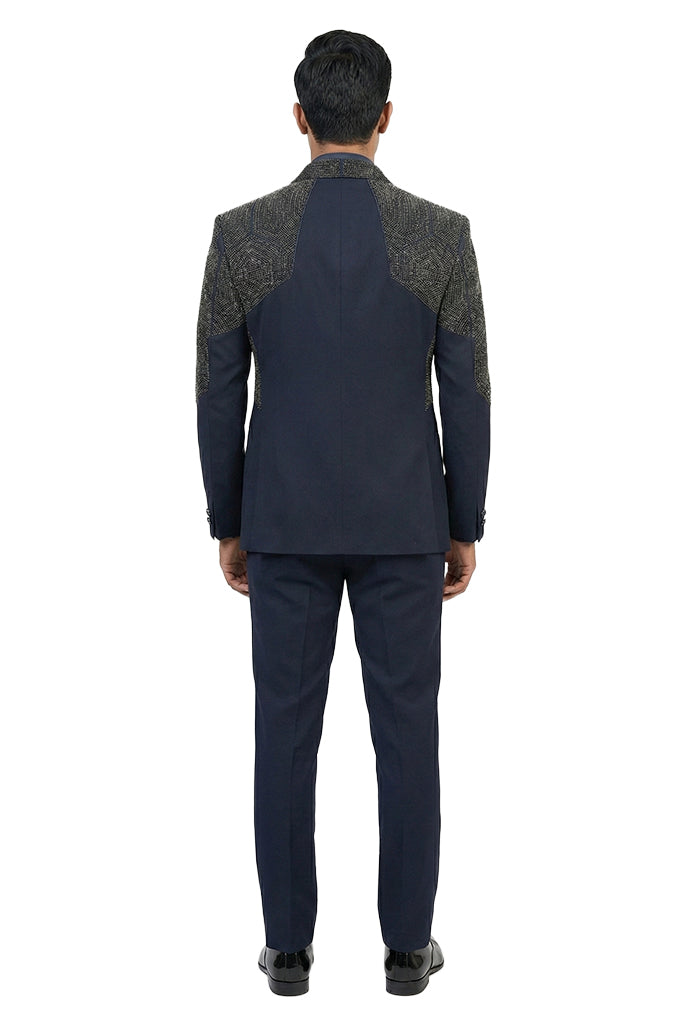 Navy Blue Embellished Tuxedo Set