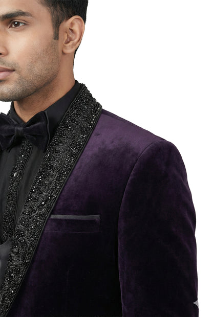Plum Embellished Velvet Tuxedo Set