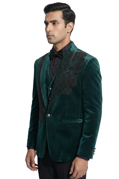 Green Embroidered Velvet Tuxedo Set