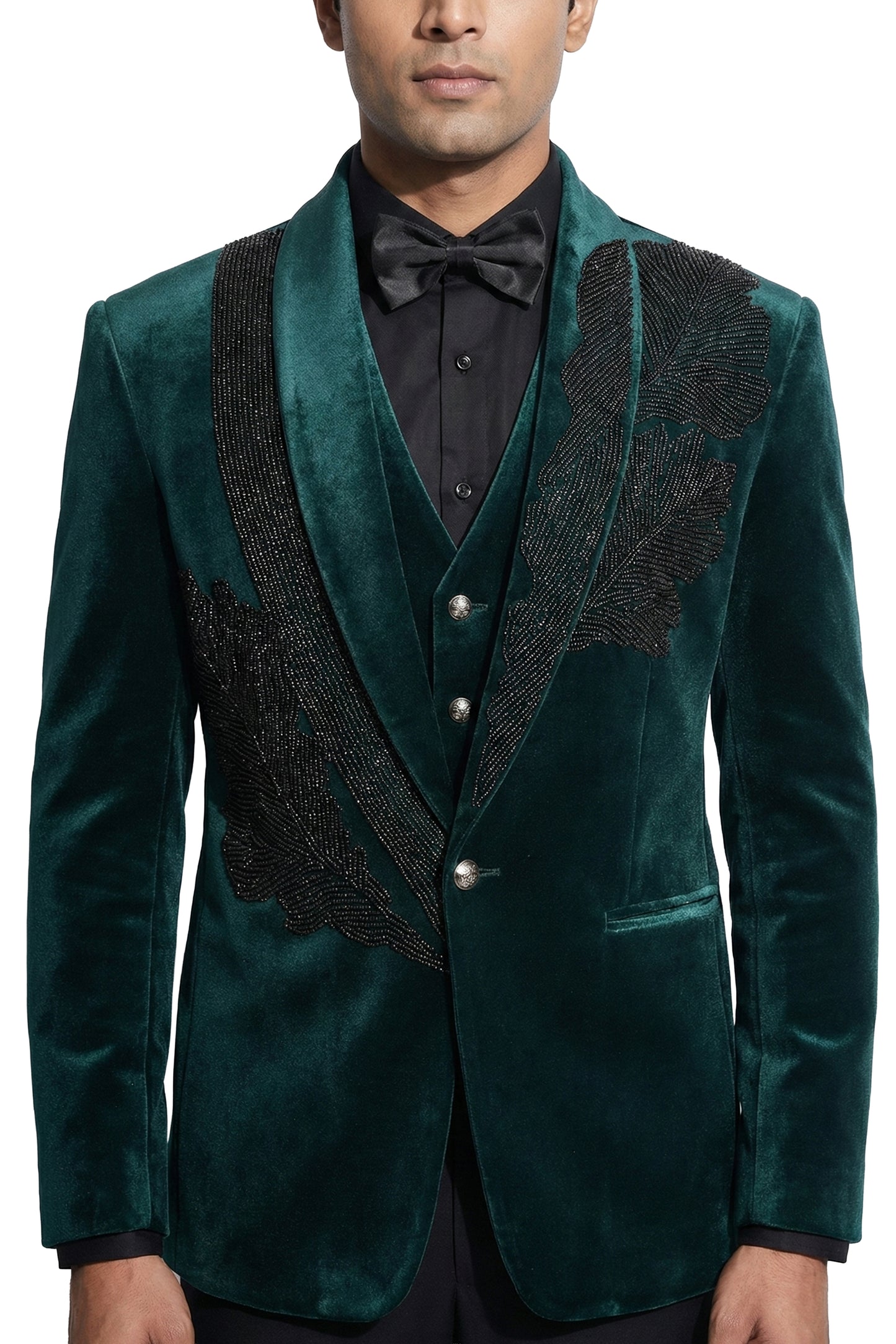 Green Embroidered Velvet Tuxedo Set