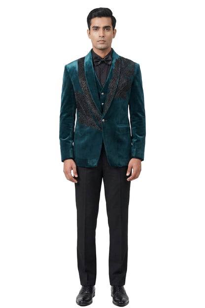 Green Embroidered Velvet Tuxedo Set