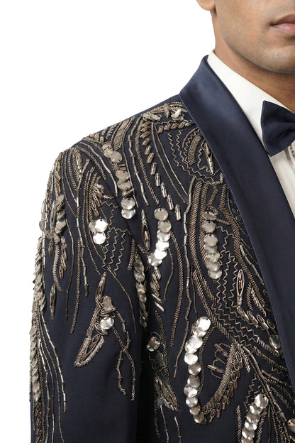Navy Embroidered Tuxedo Set