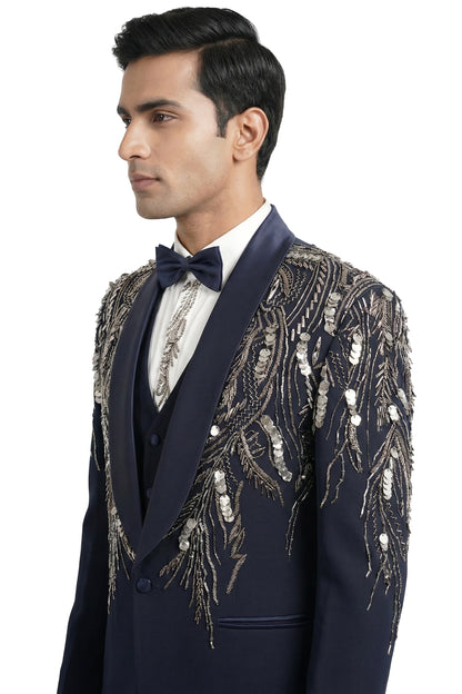 Navy Embroidered Tuxedo Set