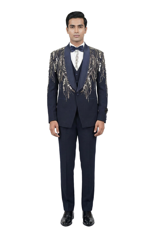 Navy Embroidered Tuxedo Set