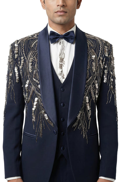 Navy Embroidered Tuxedo Set