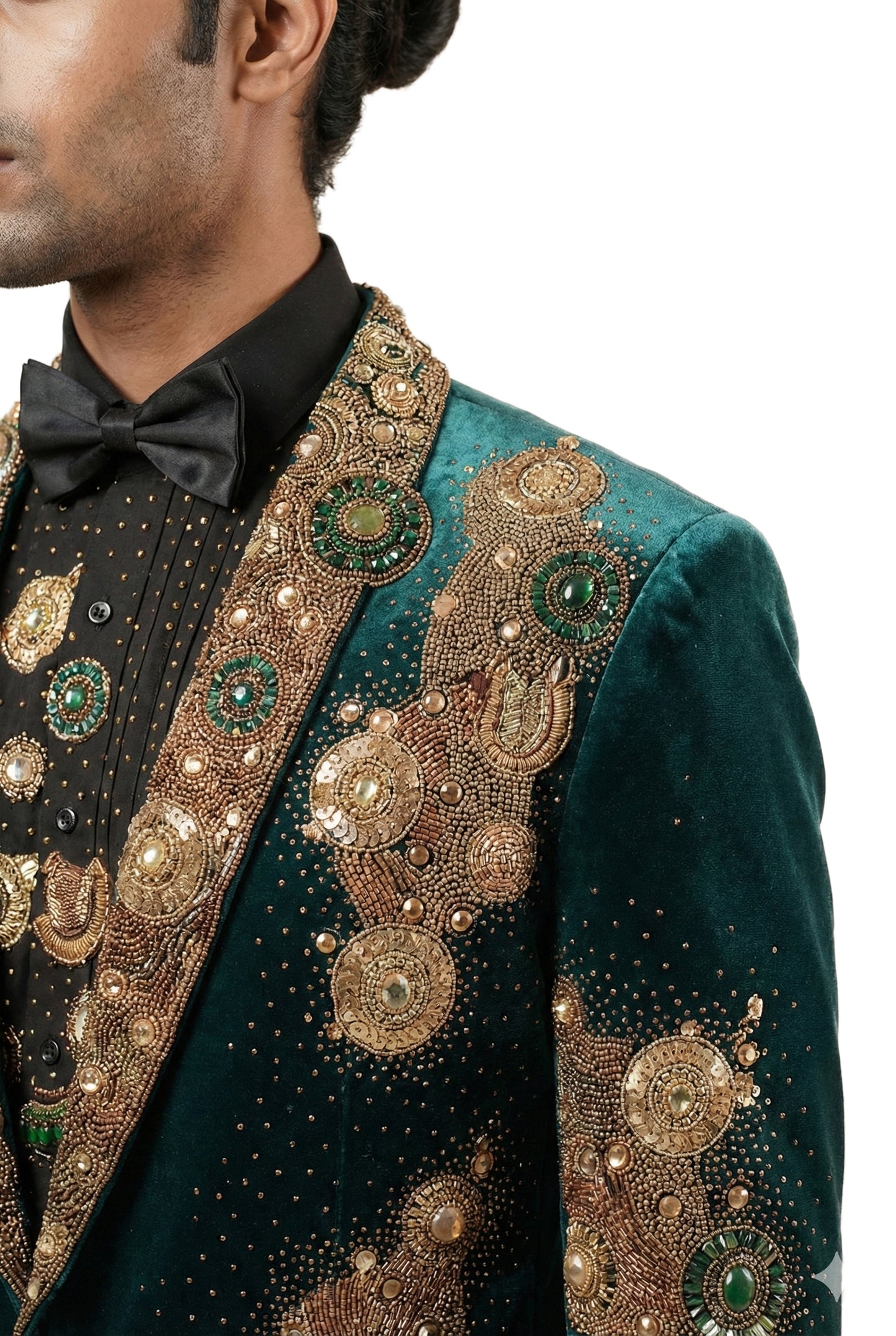 Green Velvet Tuxedo Set with Metal Ornaments