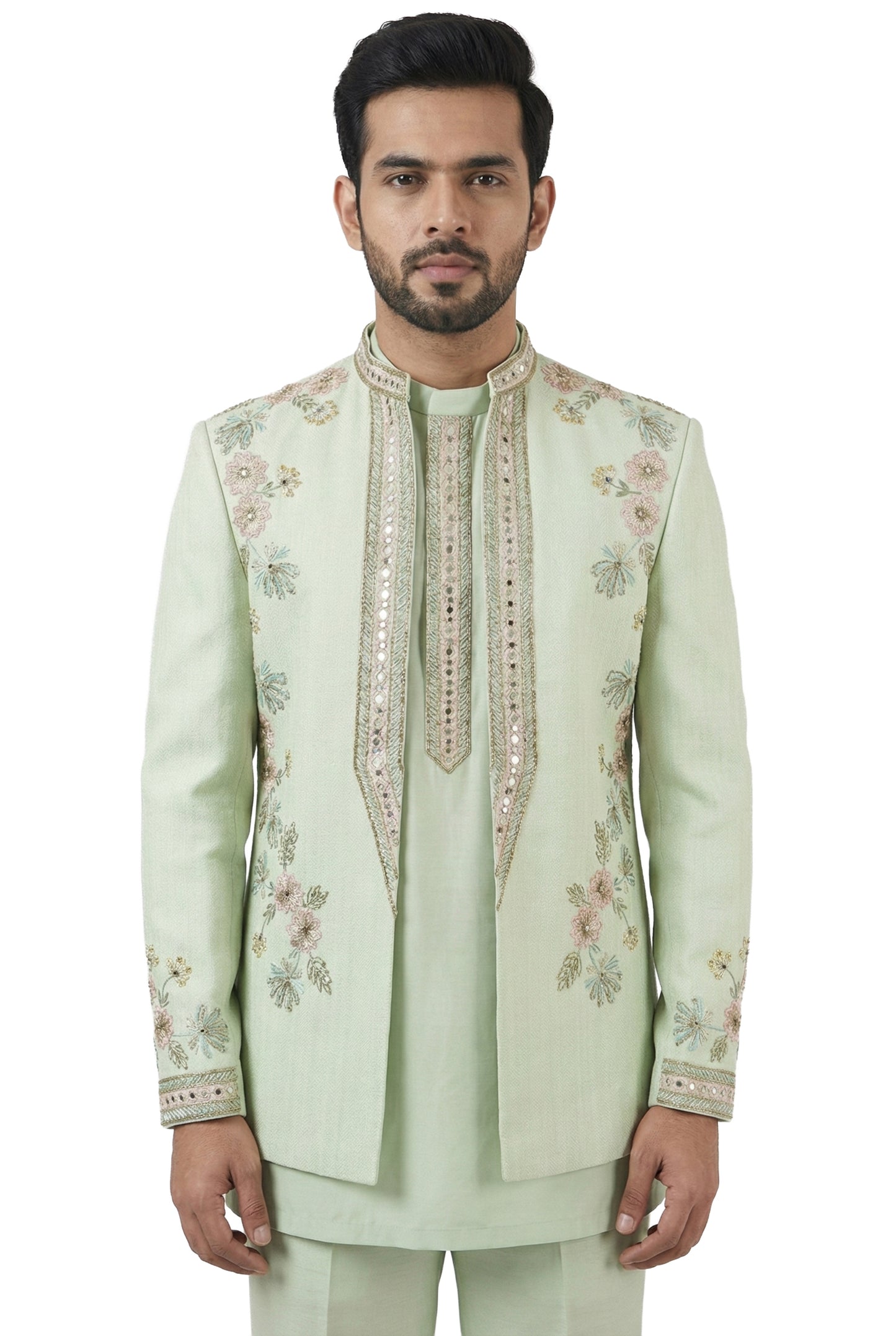 Mint Floral Embroidered Open-Style Jacket Set