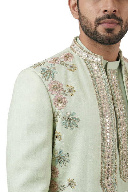Mint Floral Embroidered Open-Style Jacket Set