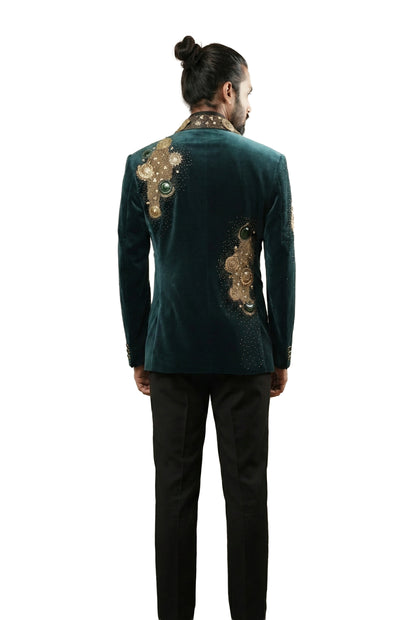 Green Velvet Tuxedo Set with Metal Ornaments