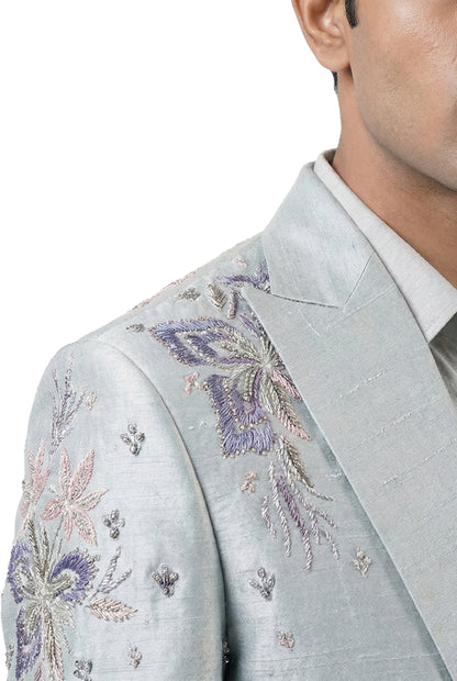 Powder Blue Floral Embroidered Blazer Jacket