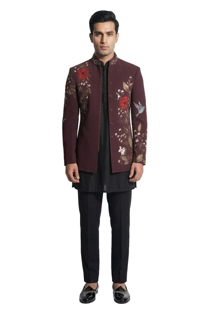 Wine Floral Embroidered Zip-Front Jacket Set