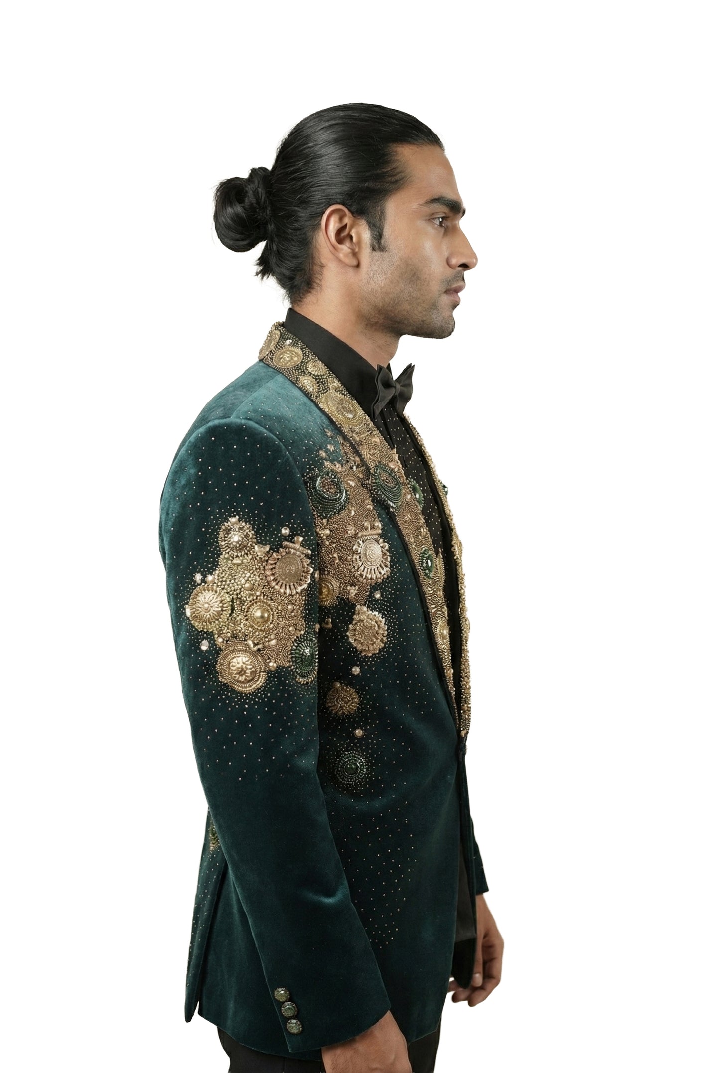 Green Velvet Tuxedo Set with Metal Ornaments