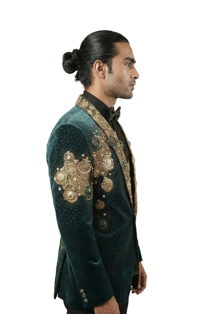 Green Velvet Tuxedo Set with Metal Ornaments