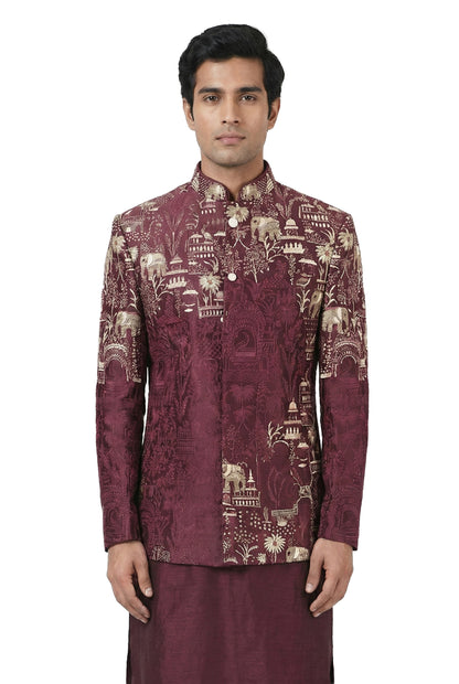 Wine Narrative Embroidered Bandhgala Set