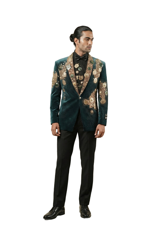 Green Velvet Tuxedo Set with Metal Ornaments