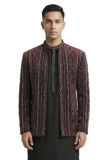 Maroon Gem-Encrusted Open-Style Jacket Set
