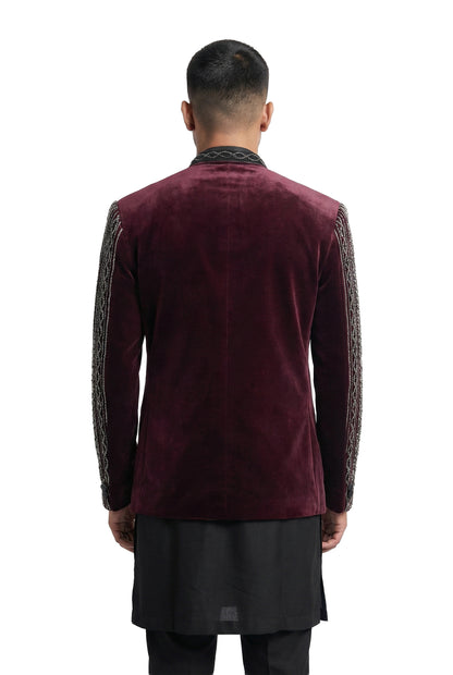 Maroon Gem-Encrusted Open-Style Jacket Set