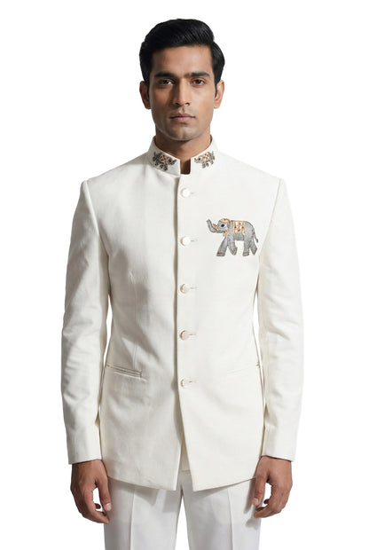 Ivory Bandhgala Jacket with Elephant Motif Embroidery