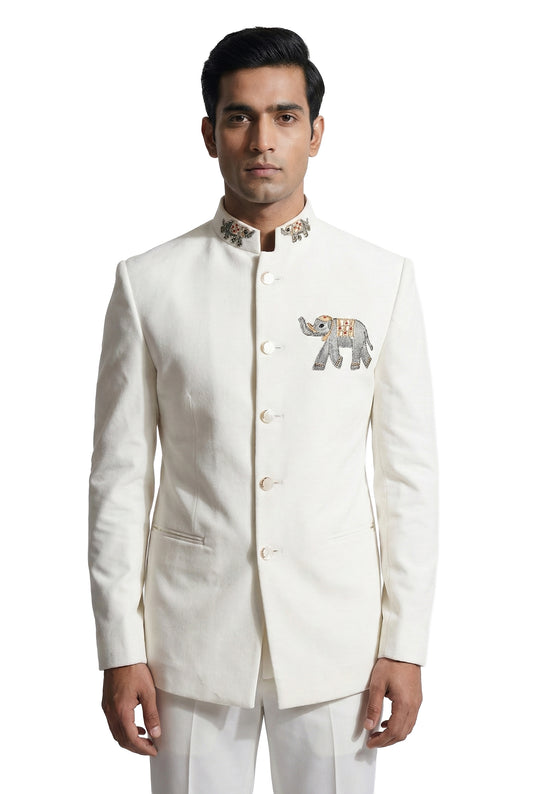 Ivory Bandhgala Jacket with Elephant Motif Embroidery