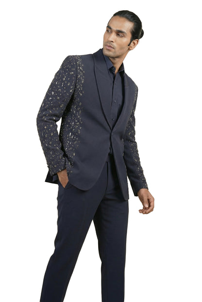 Navy Blue Gem-Embellished Tuxedo Set