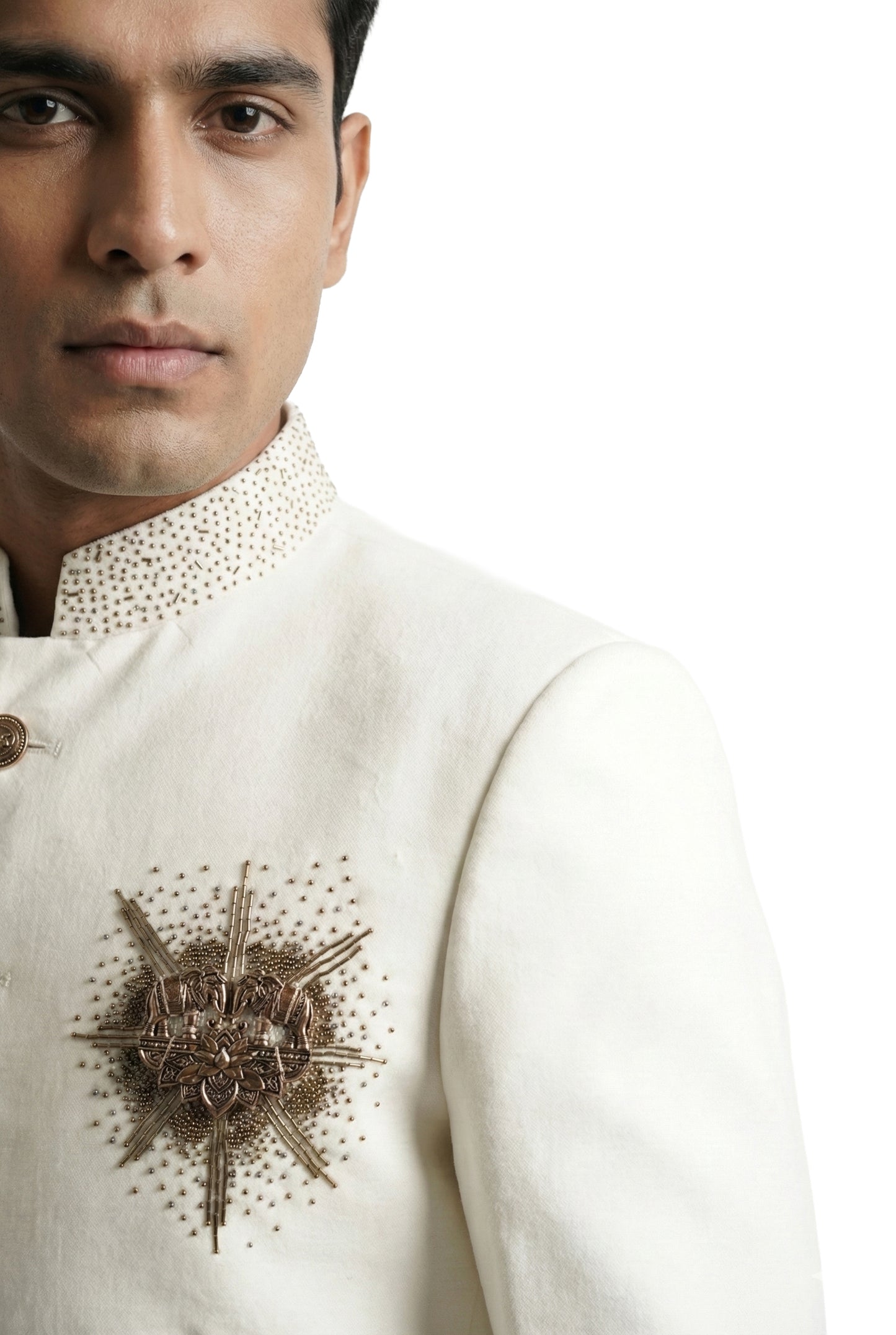 Ivory Bandhgala Jacket with Metallic Chest Ornament