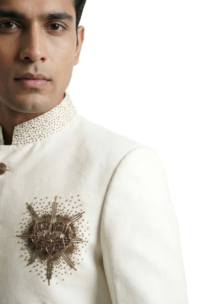 Ivory Bandhgala Jacket with Metallic Chest Ornament