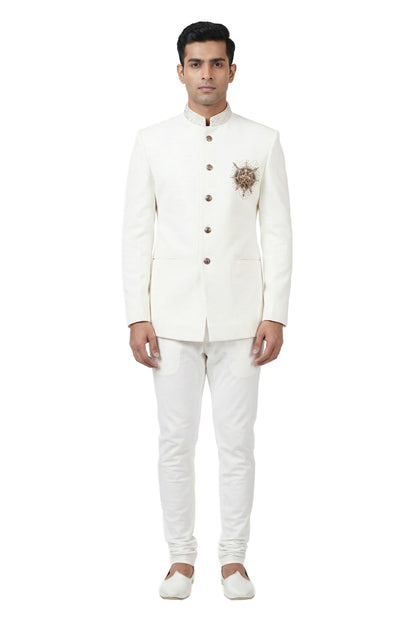 Ivory Bandhgala Jacket with Metallic Chest Ornament