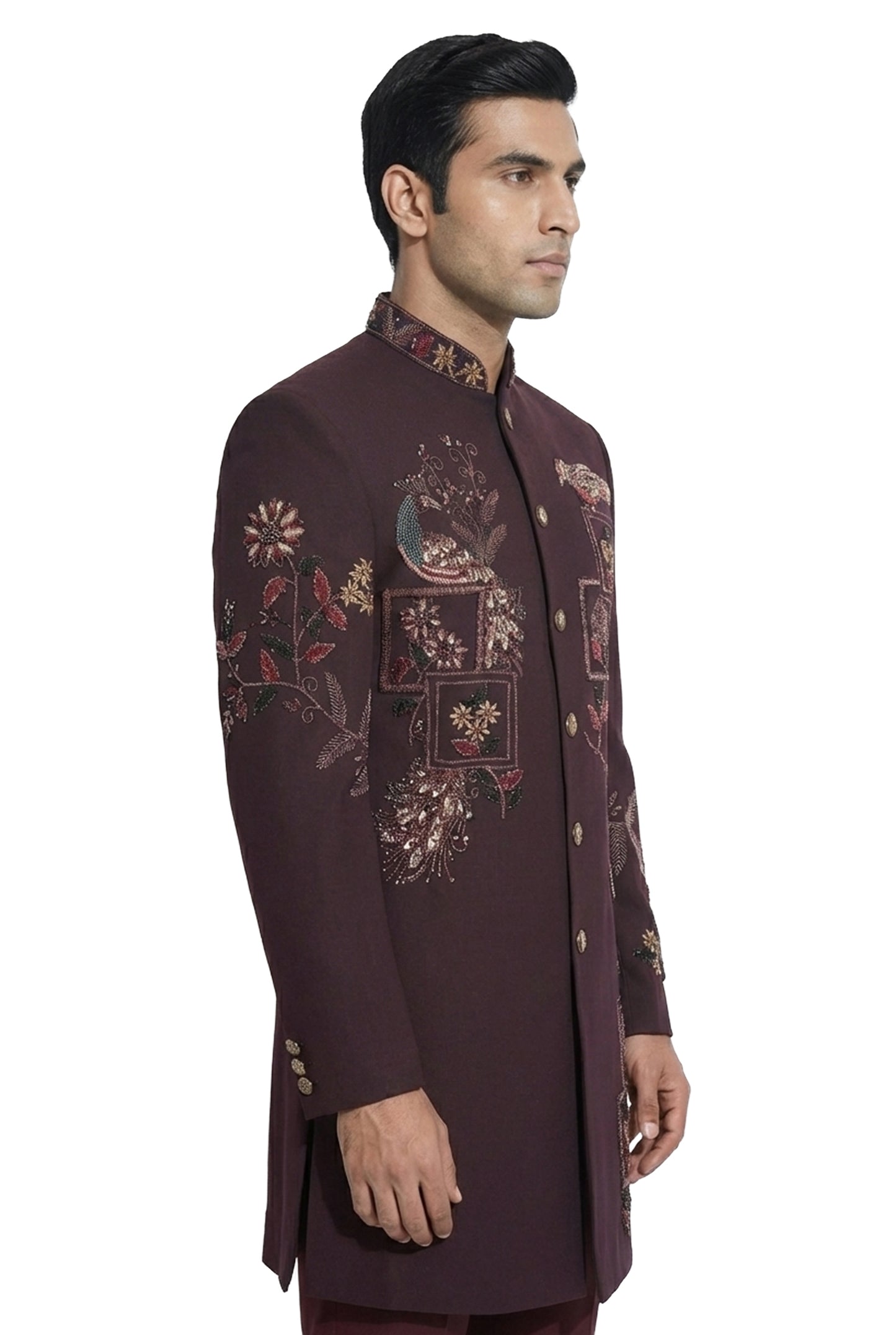 Wine Peacock Embroidered Indo-Western