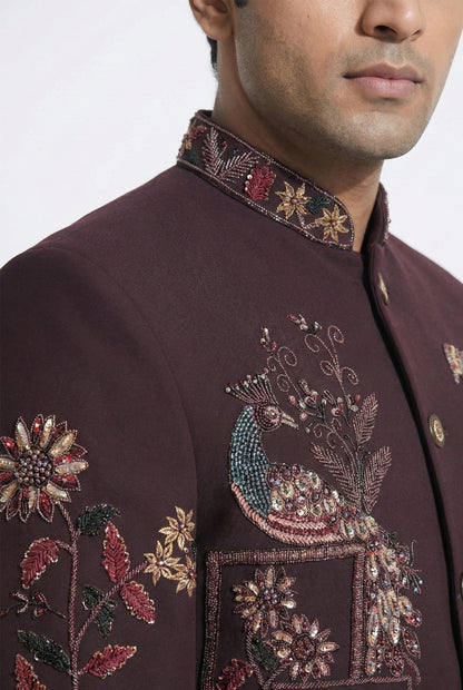 Wine Peacock Embroidered Indo-Western
