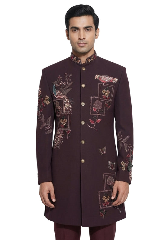 Wine Peacock Embroidered Indo-Western