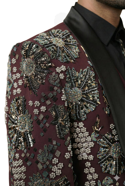 Wine Embroidered Tuxedo Set