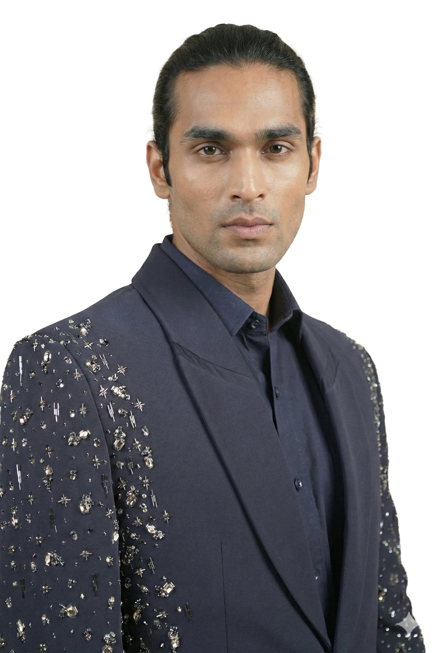 Navy Blue Gem-Embellished Tuxedo Set