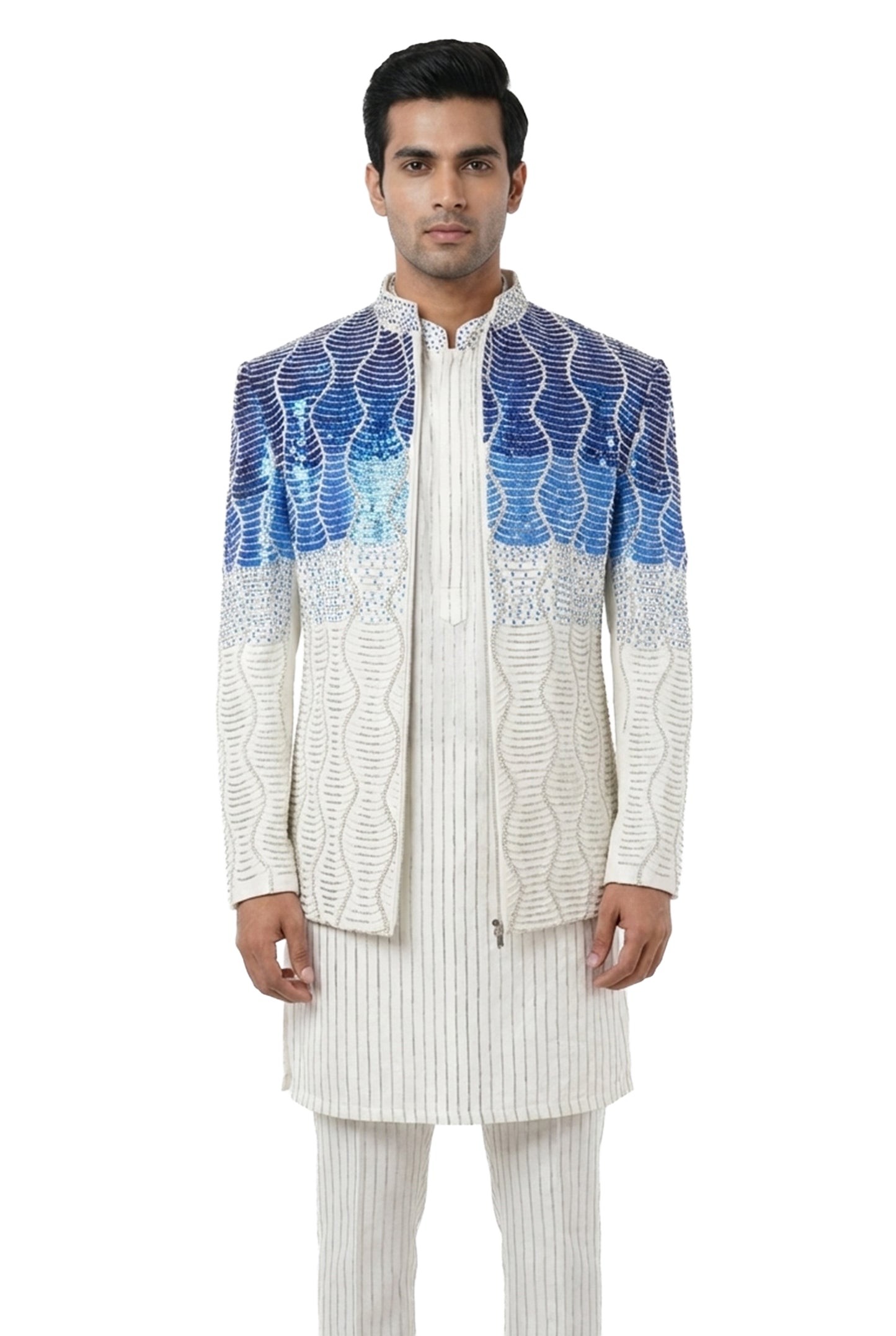 Ivory & Cobalt Embellished Indo-Western Jacket Set