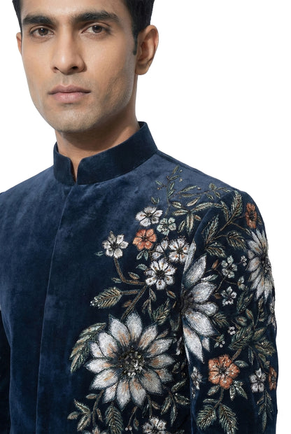 Midnight Blue Hand-Painted Indo-Western Jacket Set