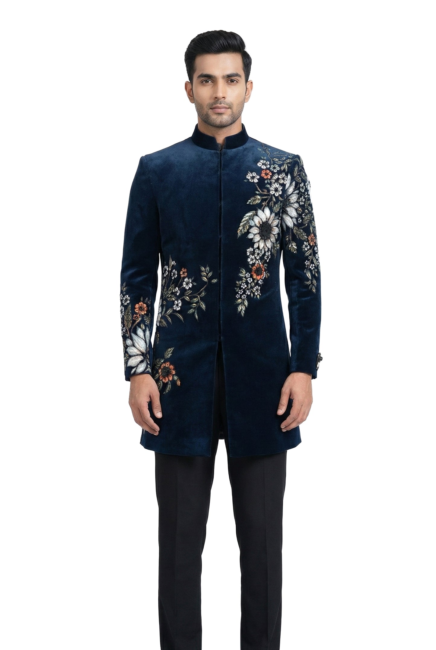 Midnight Blue Hand-Painted Indo-Western Jacket Set