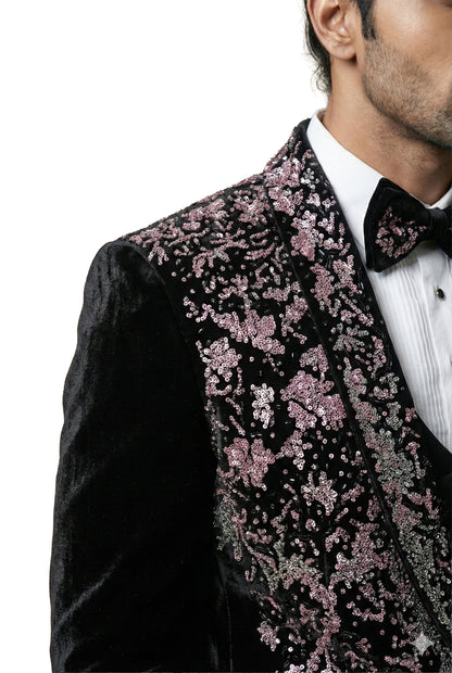 Black Abstract Embroidered Velvet Tuxedo Set