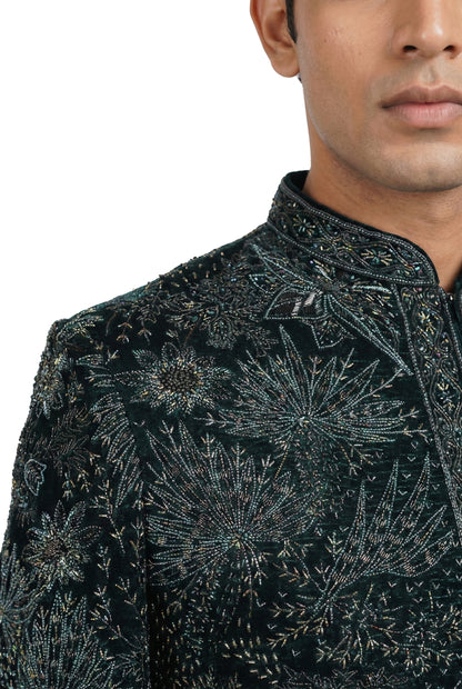 Dark Green Velvet Embroidered Indo-Western