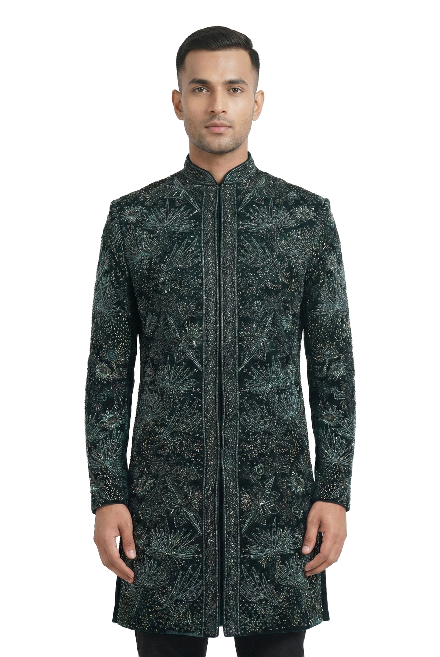 Dark Green Velvet Embroidered Indo-Western